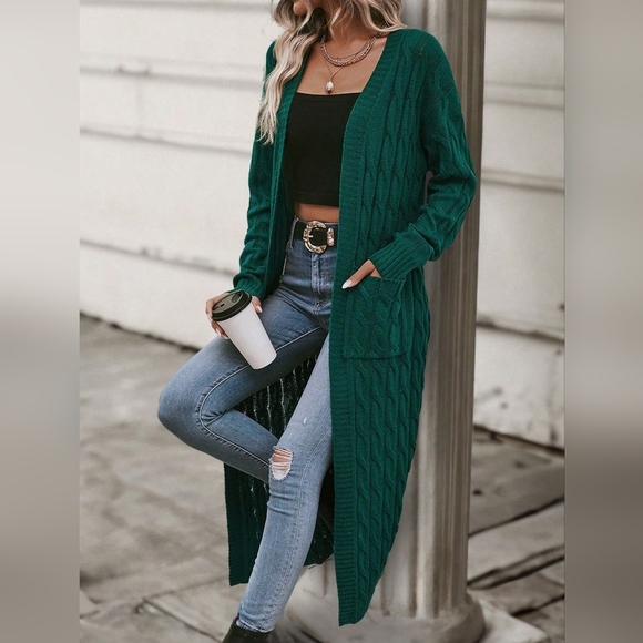Sweaters - Dual Pocket Drop Shoulder Cable Knit Duster Cardigan